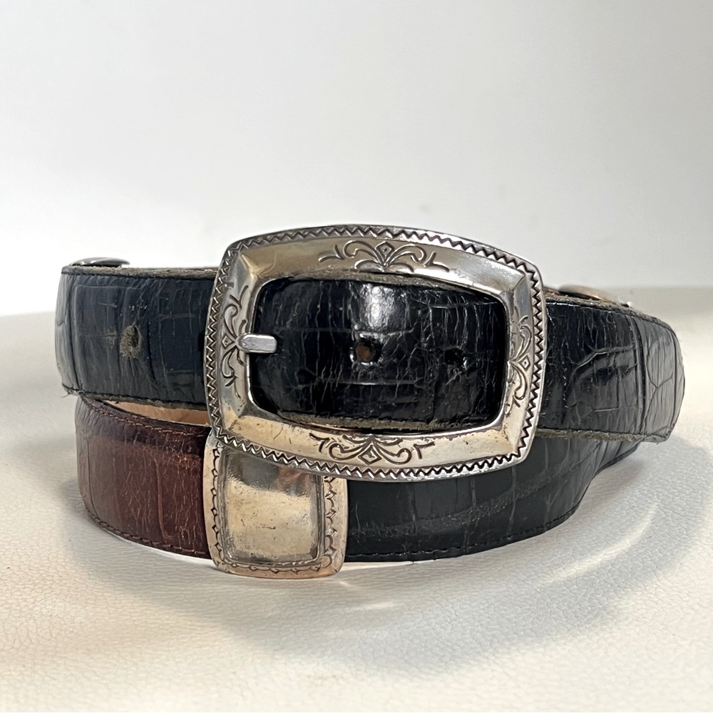 Vintage Brighton 90s Brown/Black Leather Belt Silver Buckle Embellished sz M